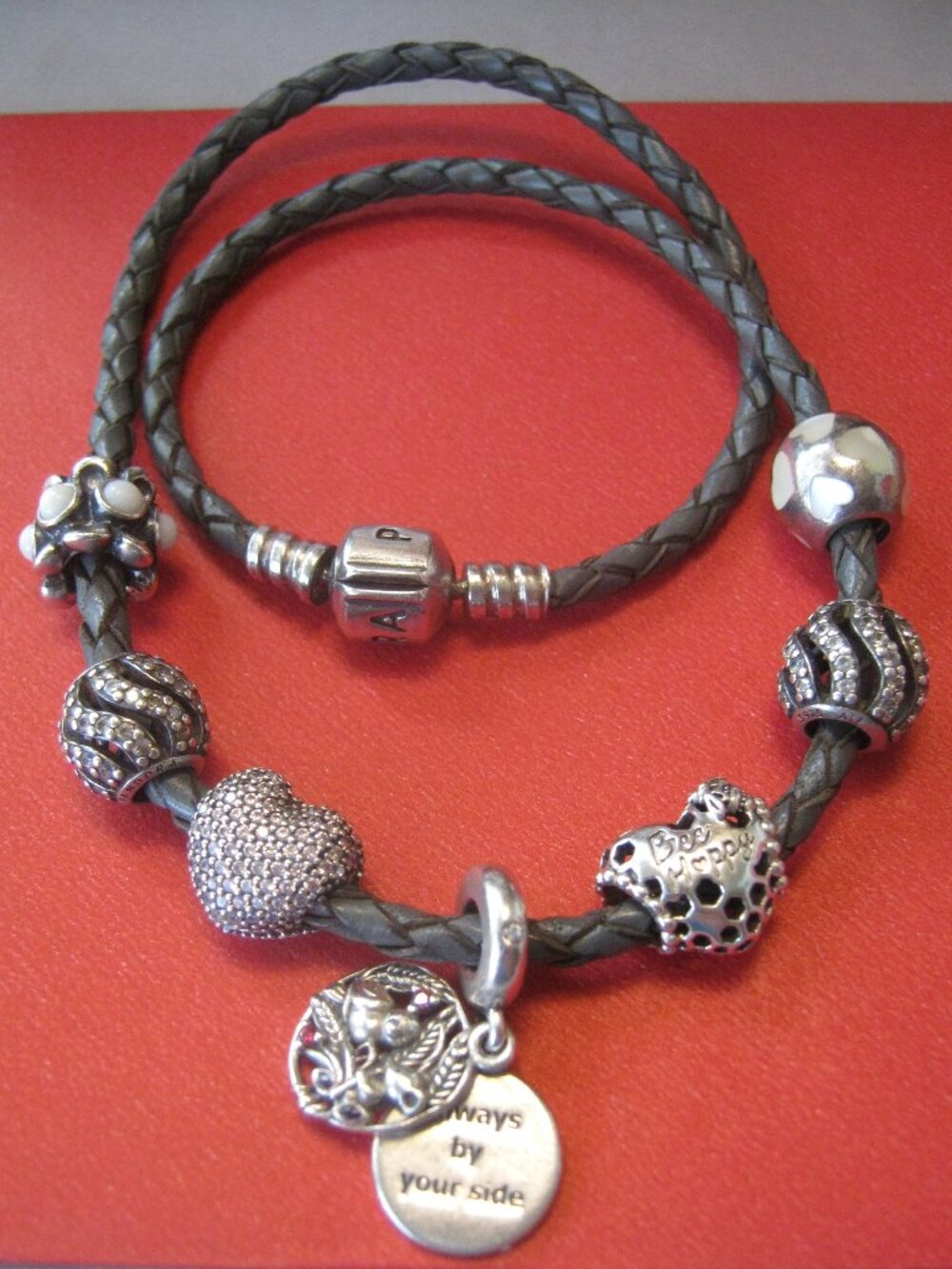 PANDORA Grey Double Braided Leather Bracelet with 7 charms